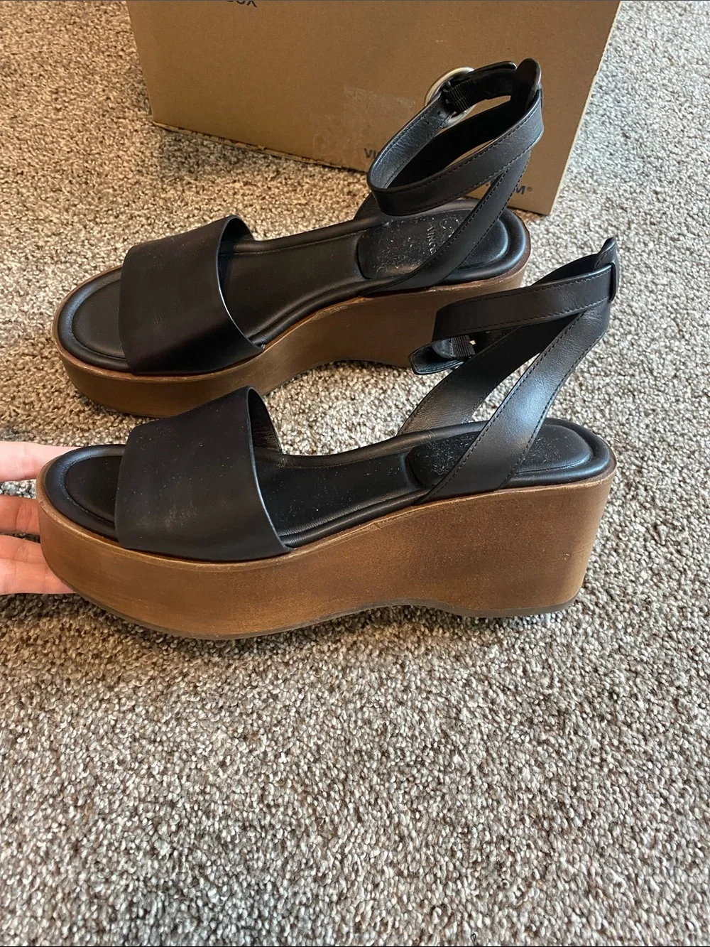 Vince Black Leather Ankle-Strap Wedge Sandals with Brown Platform